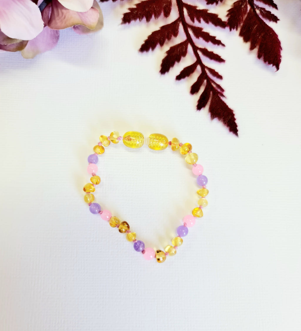 Small Round Honey Amber Beads with Pink & Purple Small Spacers Bracelet or Anklet
