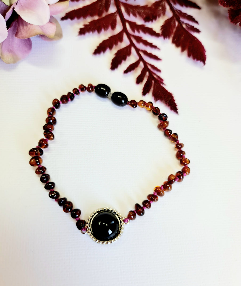 Small Round Dark Cognac Amber Beads Adult Bracelet