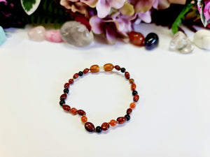 Small Bean-Shaped Dark Cognac Amber with Mixed Striped Agate Adult Bracelet -18cm