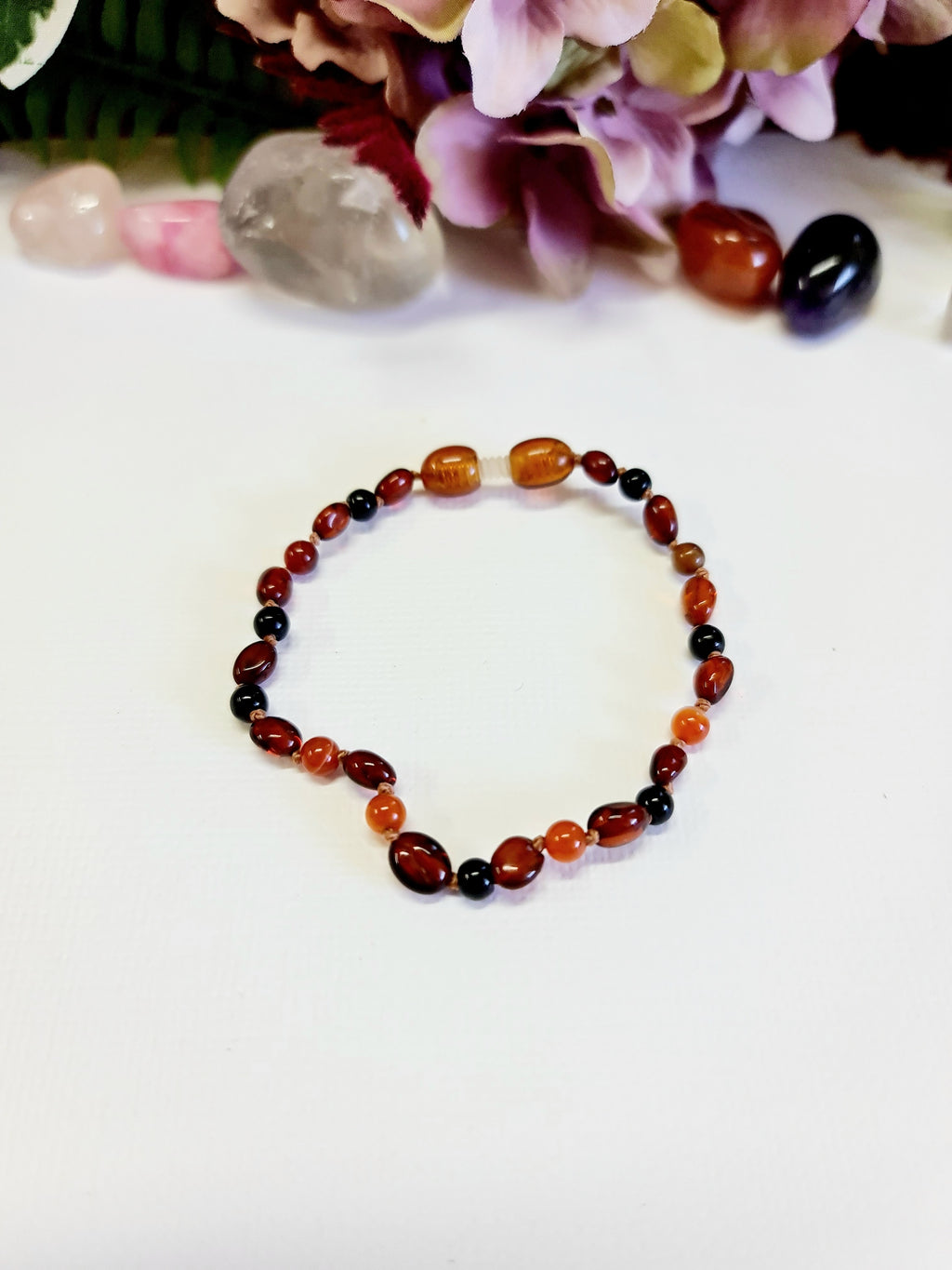 Small Bean-Shaped Dark Cognac Amber with Mixed Striped Agate Adult Bracelet -18cm