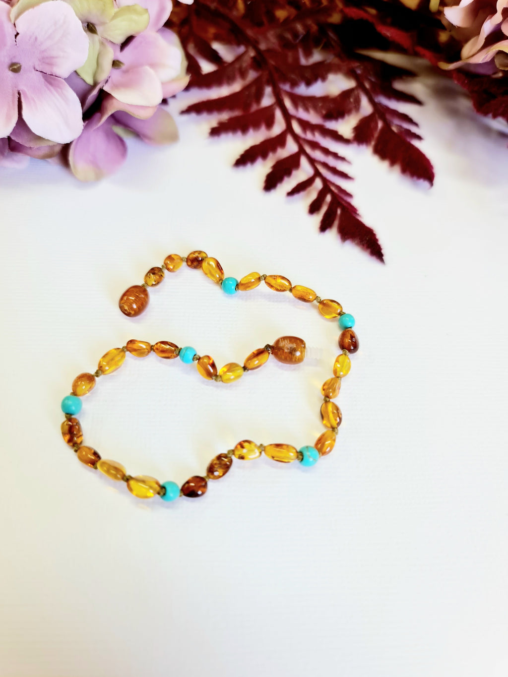 Small Bean Shaped Amber with Blue Turquoise Adult Anklet