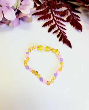 Small Round Honey Amber Beads with Pink & Purple Small Spacers Bracelet or Anklet