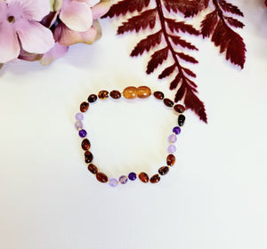 Dark Cognac Amber Beads with Purple Amethyst Spacers Bracelet or Anklet