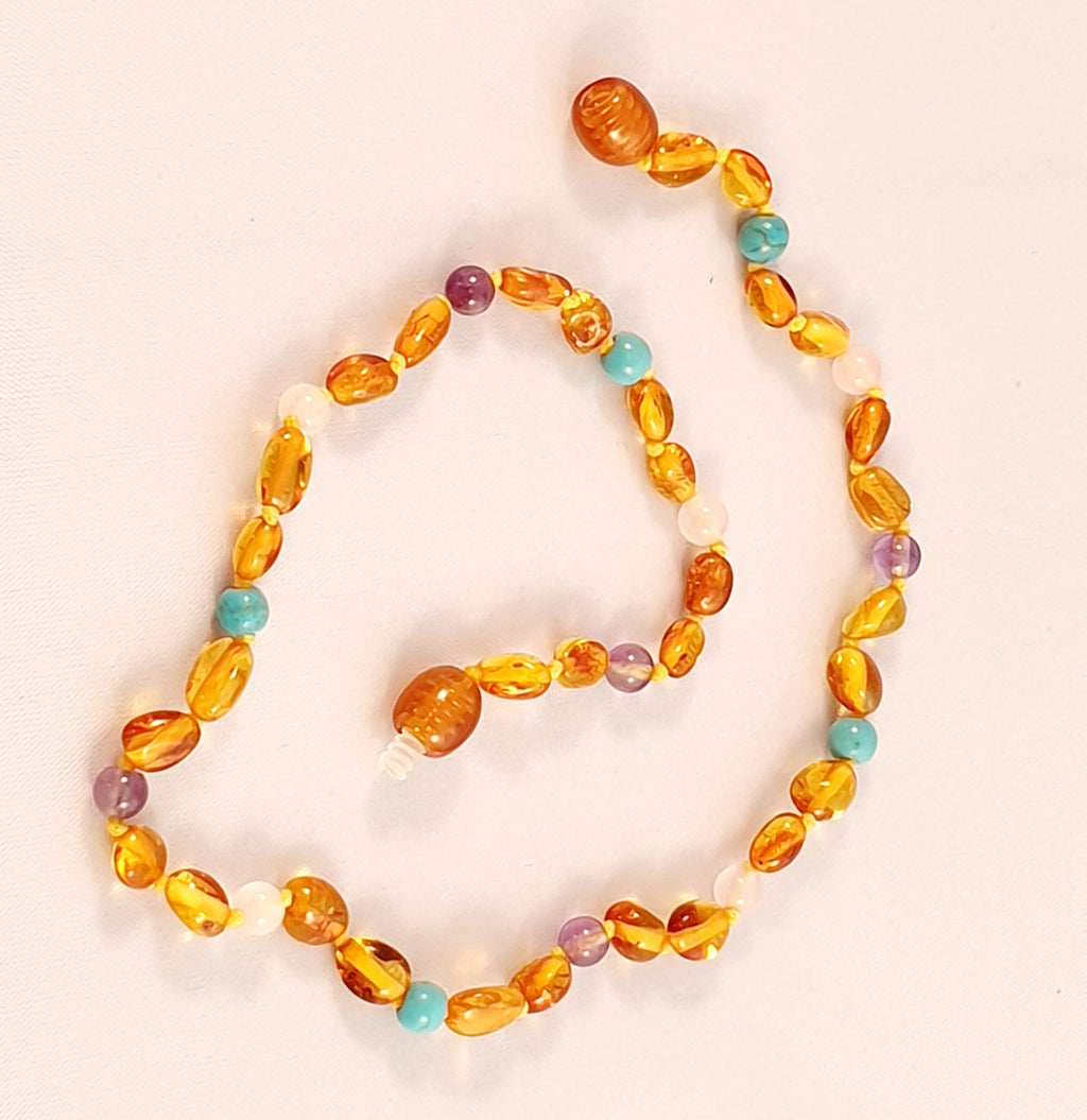 Baltic Ligh Cognac Amber with Blue Turquoise, Purple Amethyst and Pink Quartz - The Beaded Bub