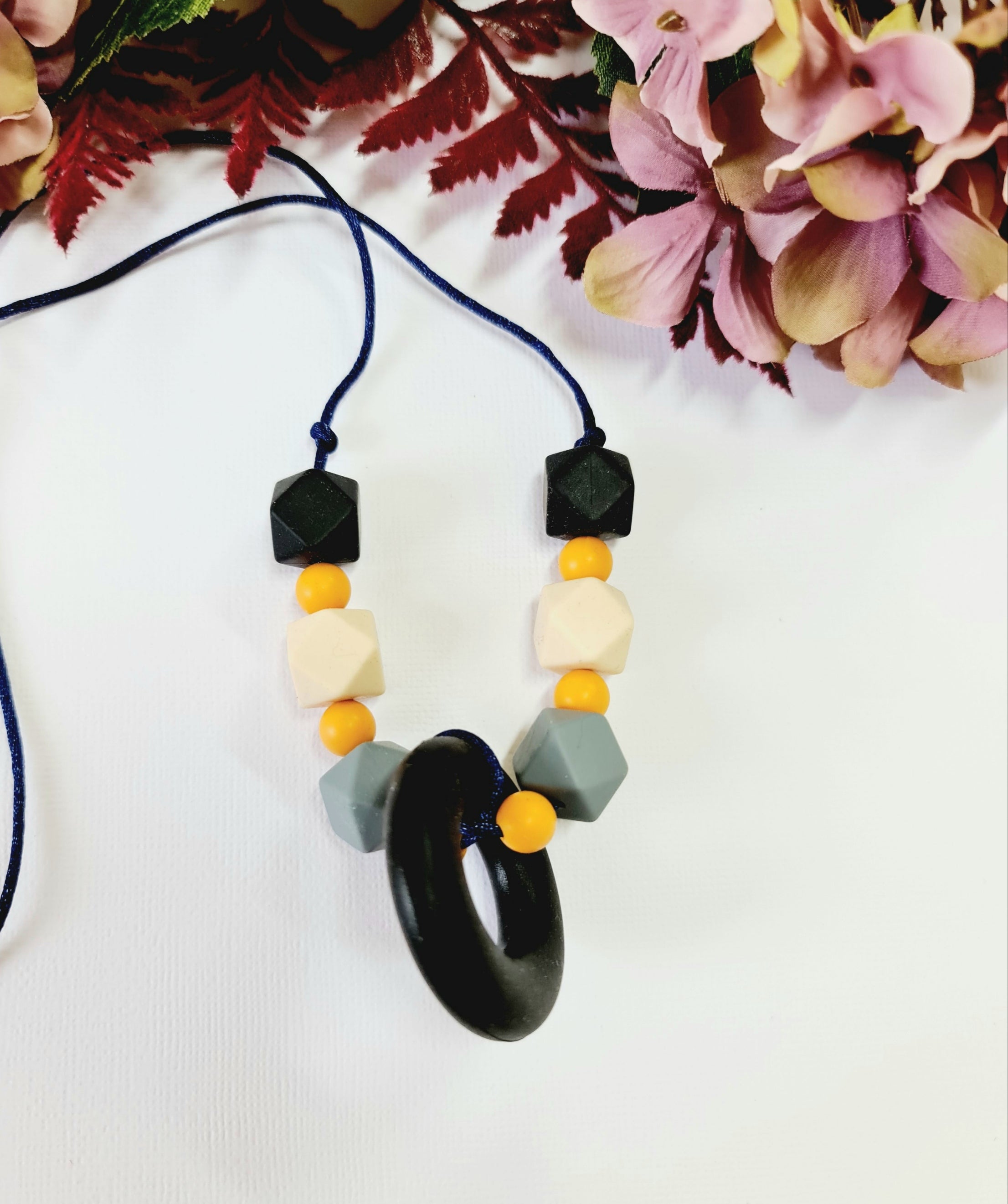 Black Silicone Beads with Grey, Beige and Mustard Coloured Silicone Beaded Necklace