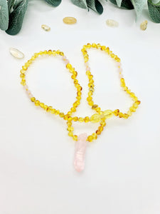 Adult Honey Amber with Rose Quartz Necklace