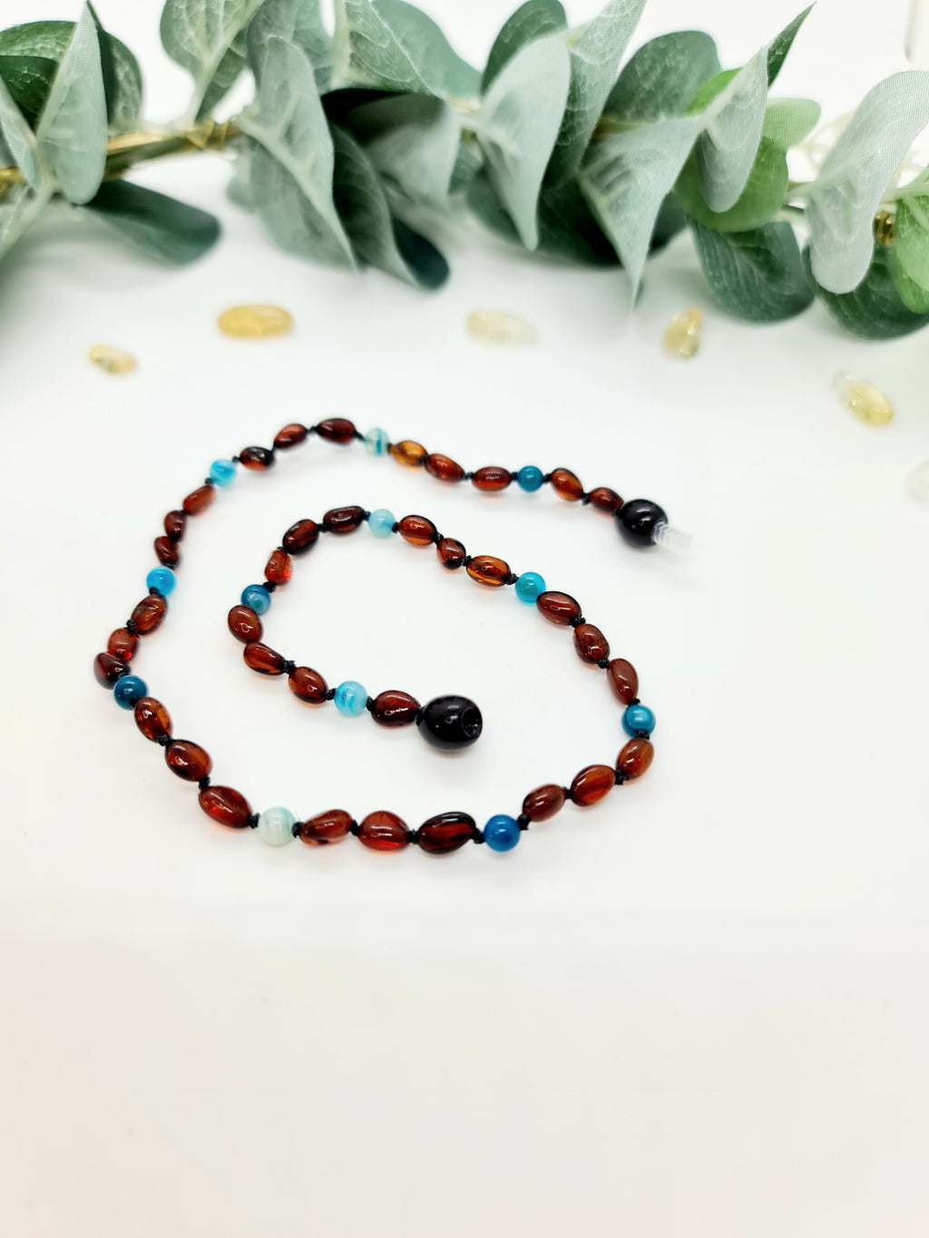 dark Cognac Amber with Blue striped Agate necklace 