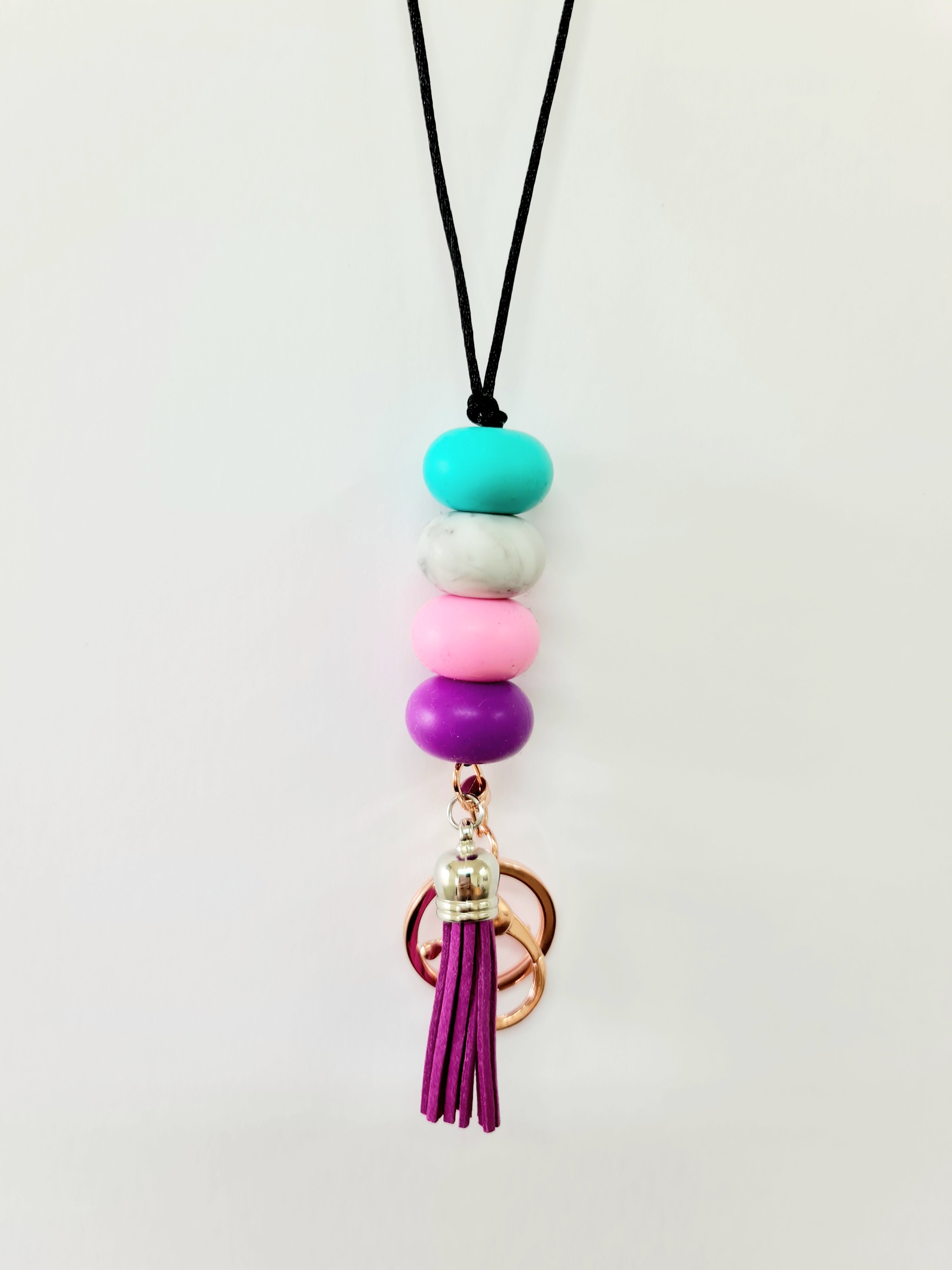 Green, Grey, Pink & Purple Silicone Beaded Lanyard Keychain