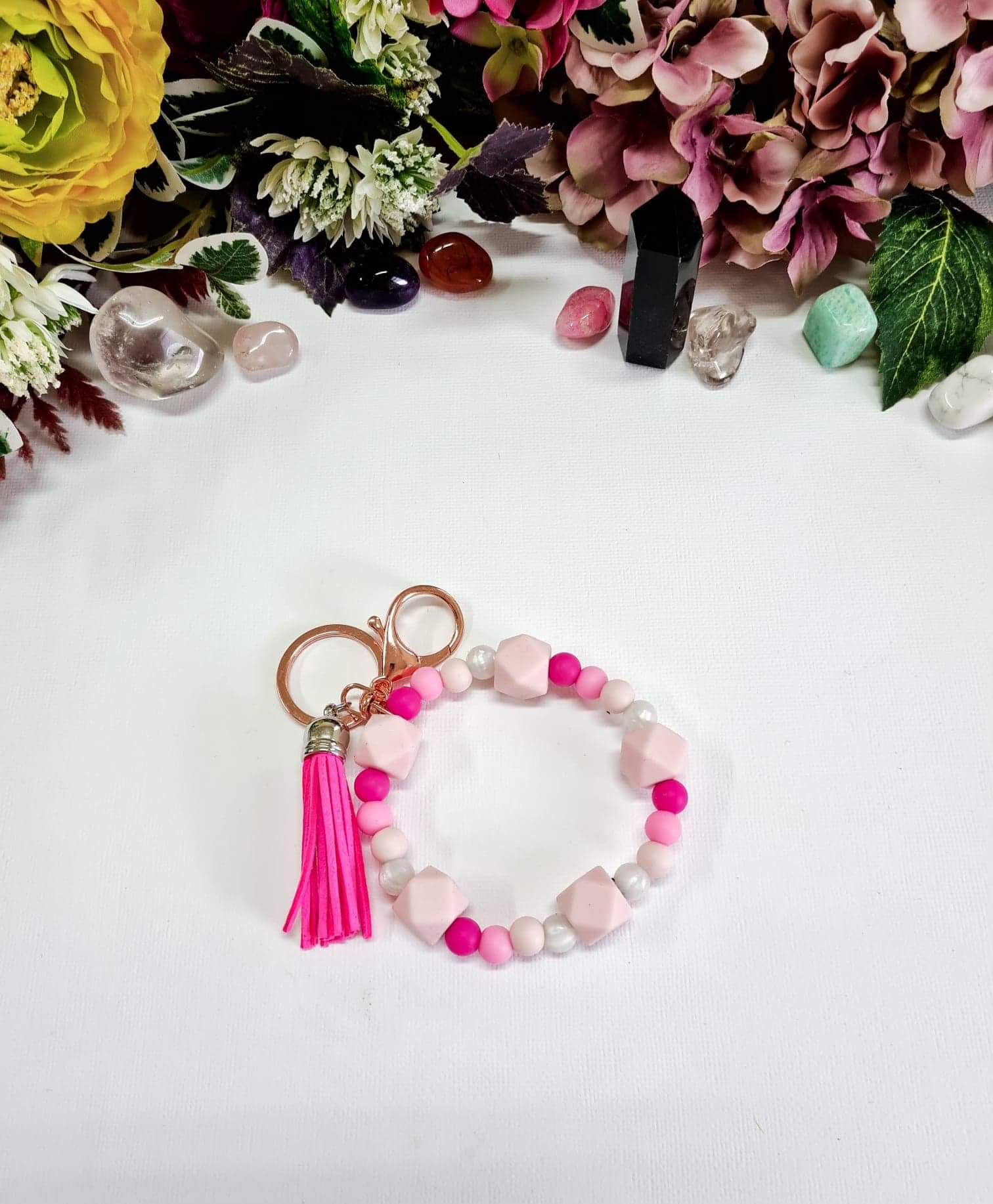 Light & Dark Pink Silicone Beaded Keychain Bracelet