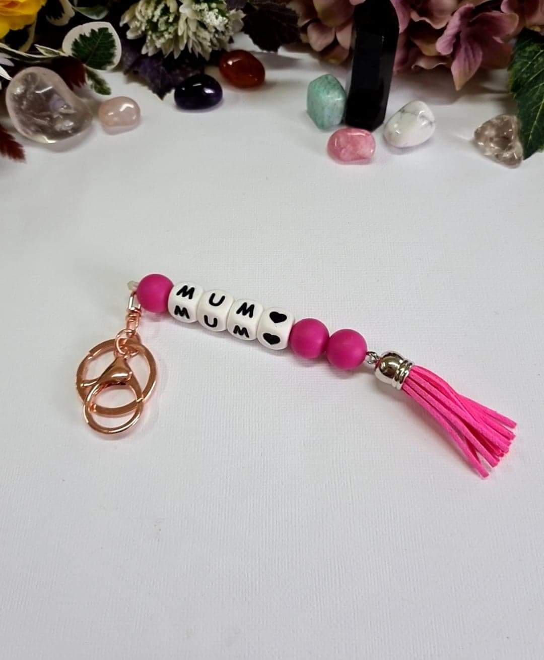 MUM White and Pink Silicone Beaded Keychain