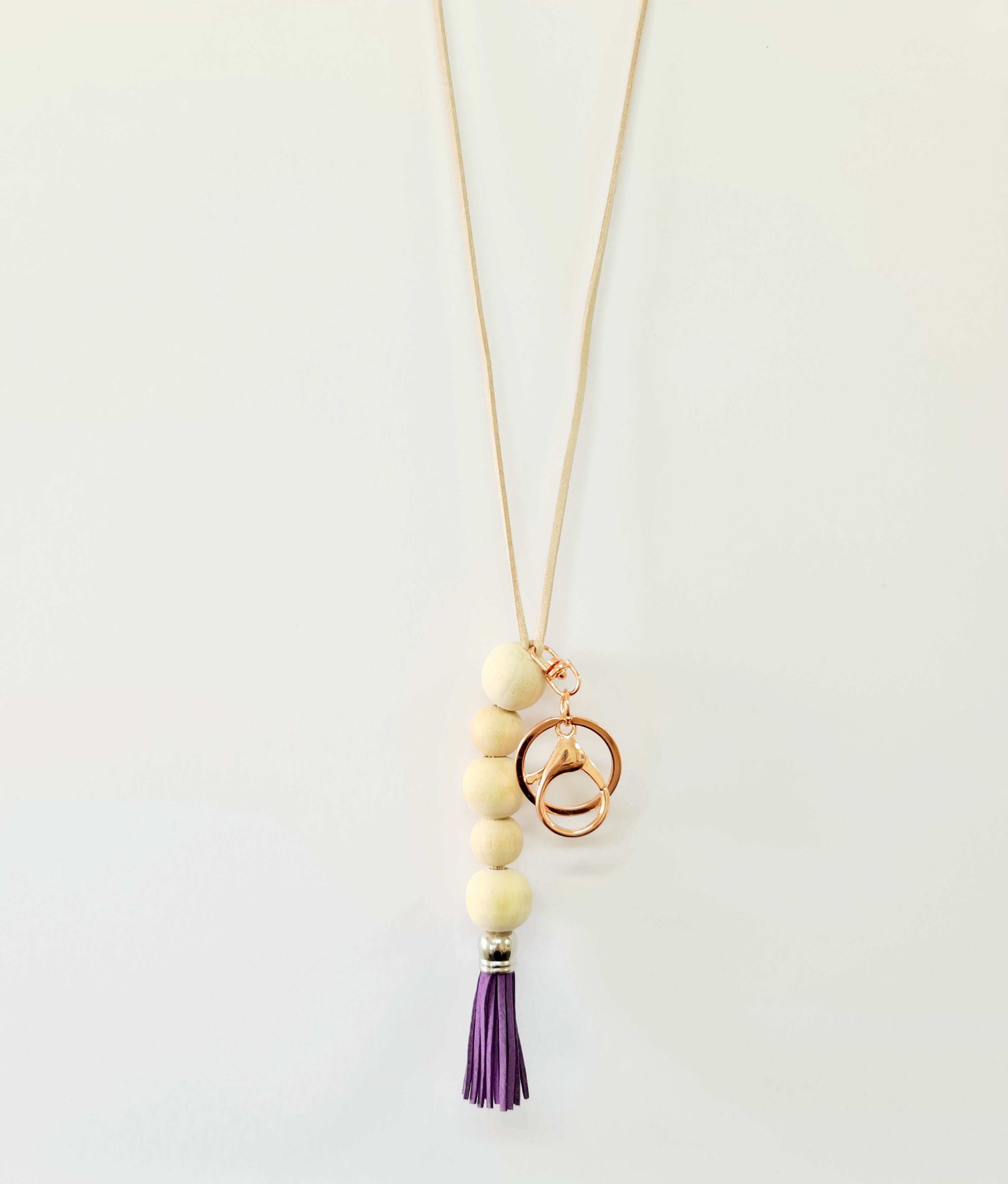 Wood Bead Purple Tassel Lanyard Keychain