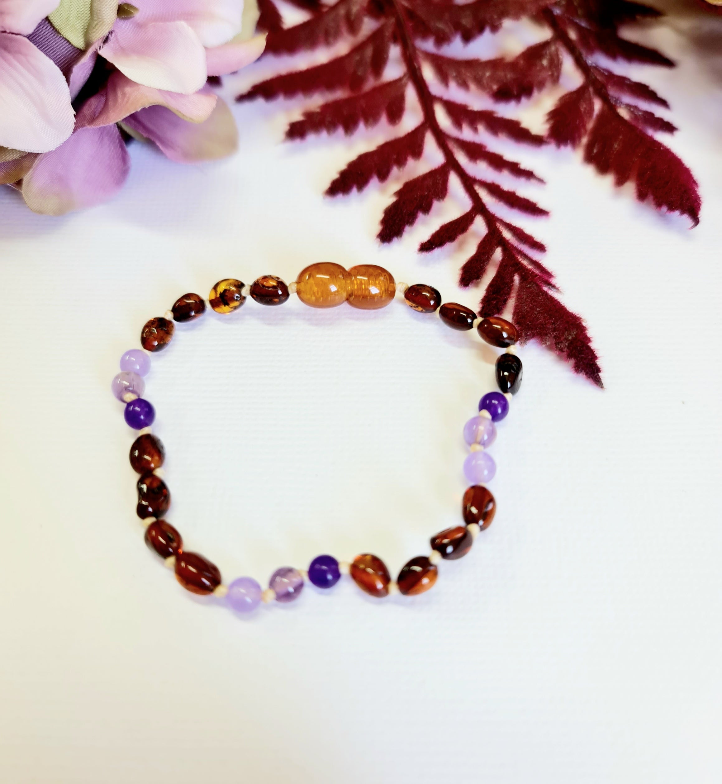 Dark Cognac Amber Beads with Purple Amethyst Spacers Bracelet or Anklet