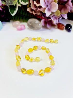 Lemon and Butterscotch Large Bean-Shaped Amber with Pink Quartz Necklace