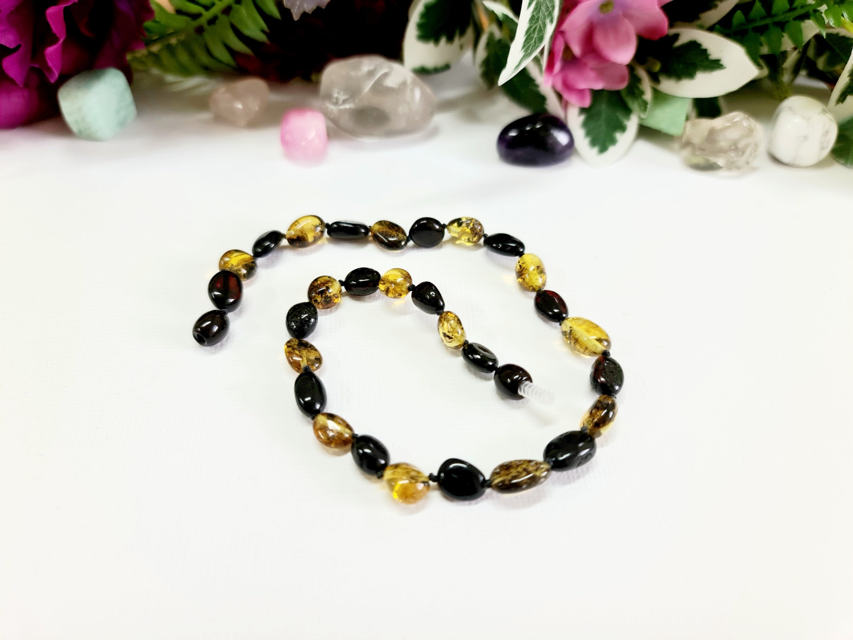 Large Bean Shaped Green and Cherry Amber Necklace