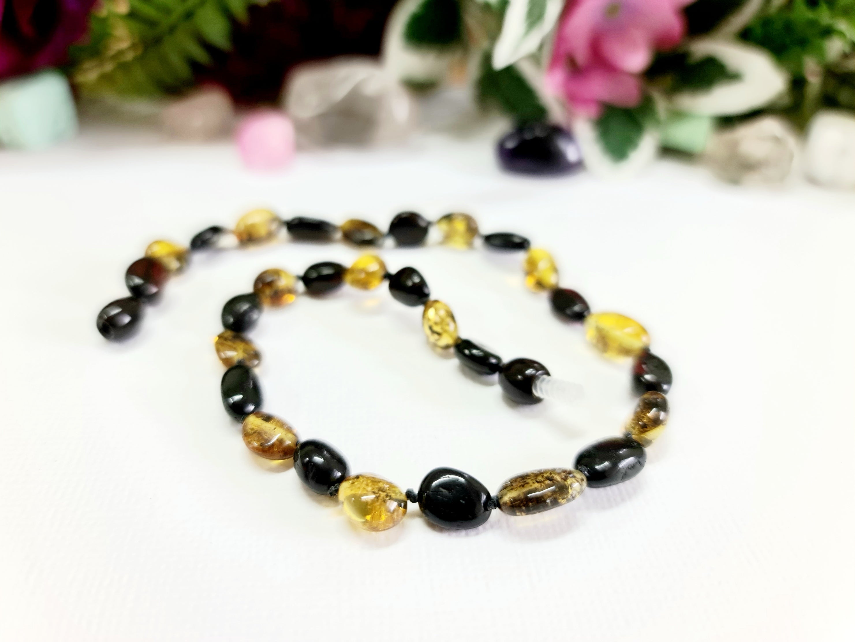 Large Bean Shaped Green and Cherry Amber Necklace