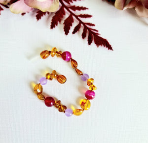 Large Bean Shaped Light Cognac Natural Baltic Amber with Pink Striped Agate Anklet or Bracelet