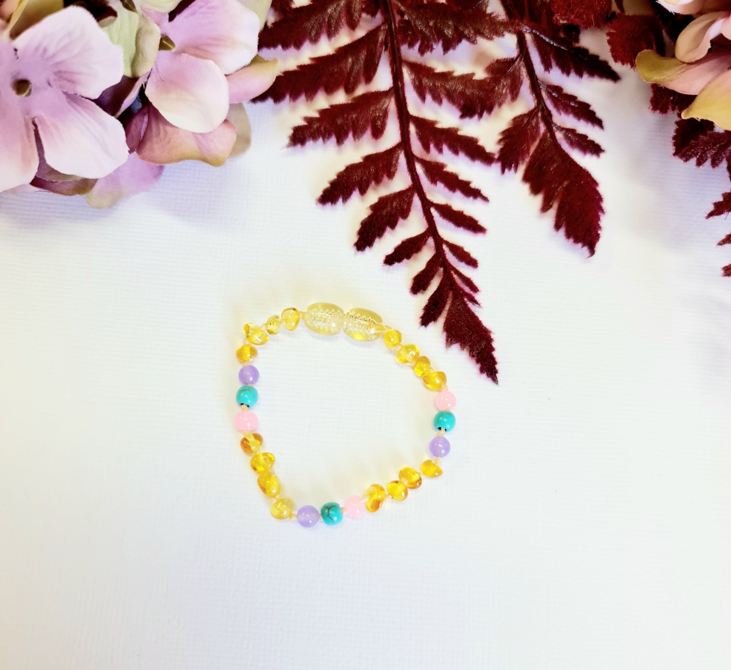 Small Round Lemon Amber Amethyst, Pink Quartz and Blue Turquoise Bracelet or Anklet