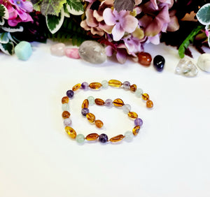 Large Bean-Shaped Light Cognac Amber with Fluorite Gemstone Necklace -33 cm