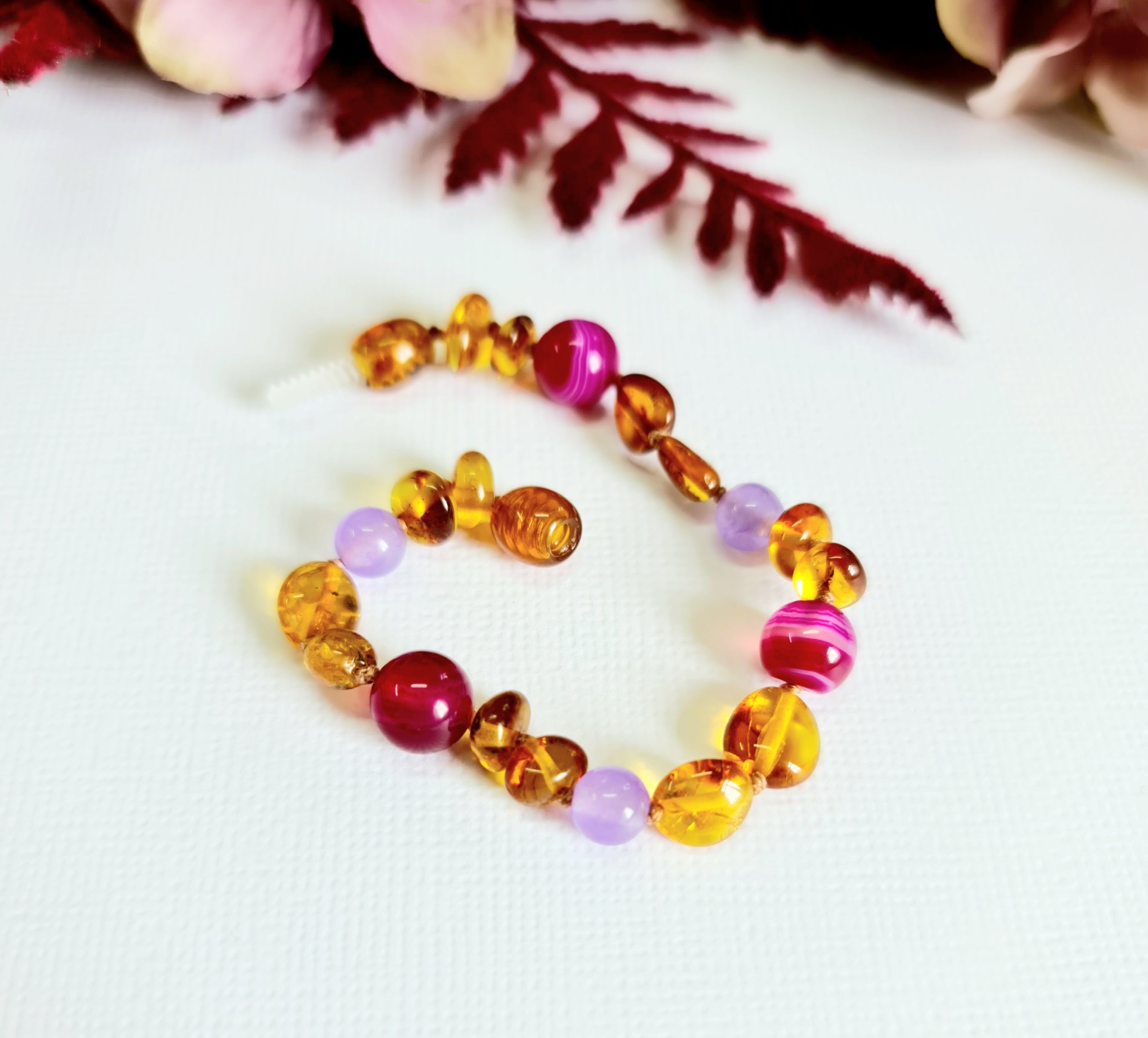 Large Bean Shaped Light Cognac Natural Baltic Amber with Pink Striped Agate Anklet or Bracelet