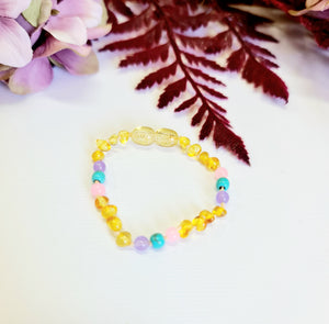 Small Round Lemon Amber Amethyst, Pink Quartz and Blue Turquoise Bracelet or Anklet