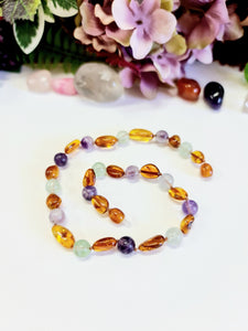 Large Bean-Shaped Light Cognac Amber with Fluorite Gemstone Necklace -33 cm