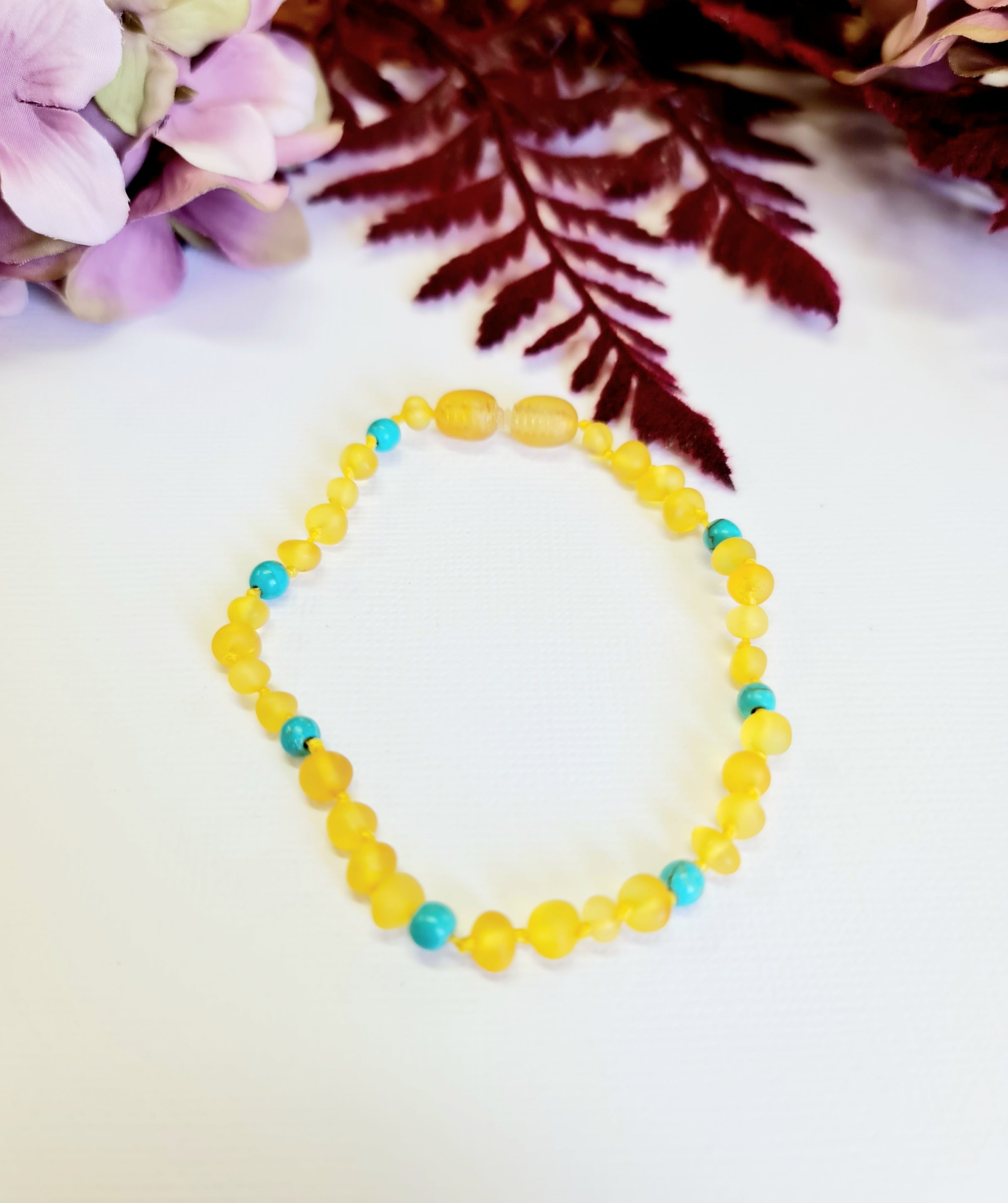Small Round Raw Honey Amber with Blue Turquoise Adult Anklet or Bracelet