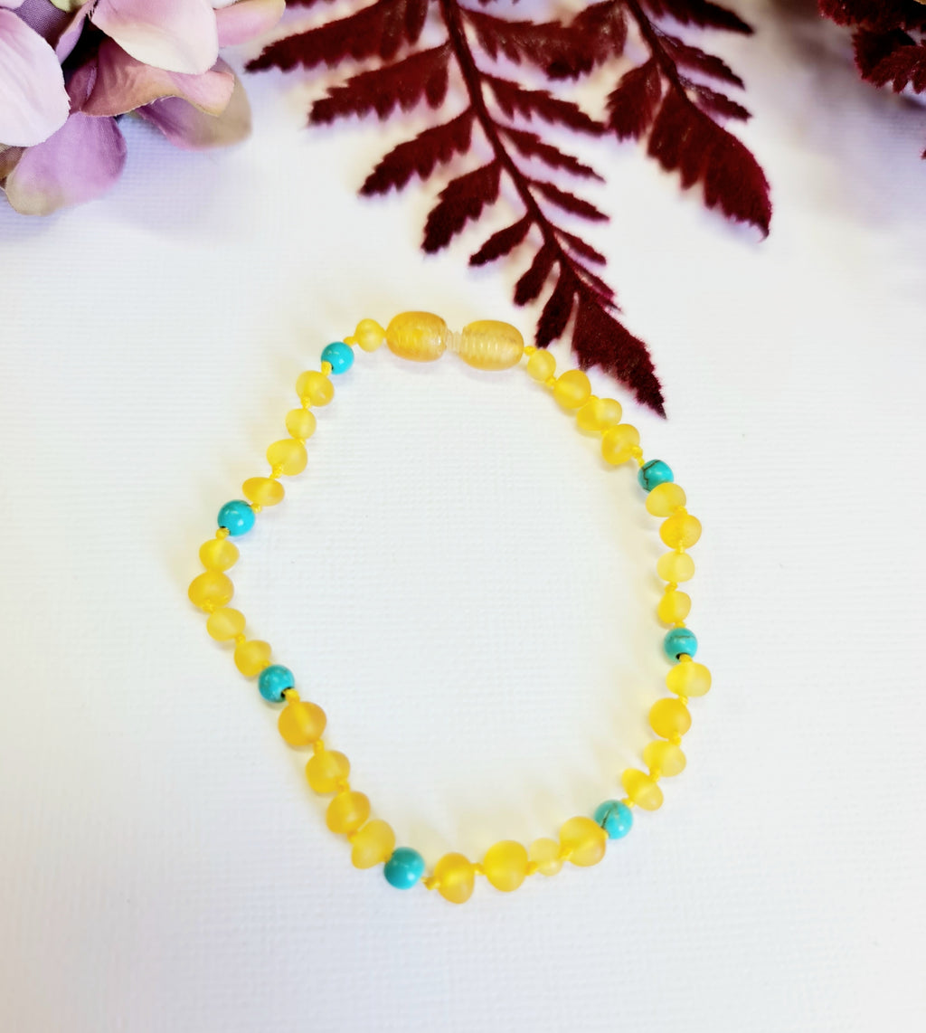 Small Round Raw Honey Amber with Blue Turquoise Adult Anklet or Bracelet