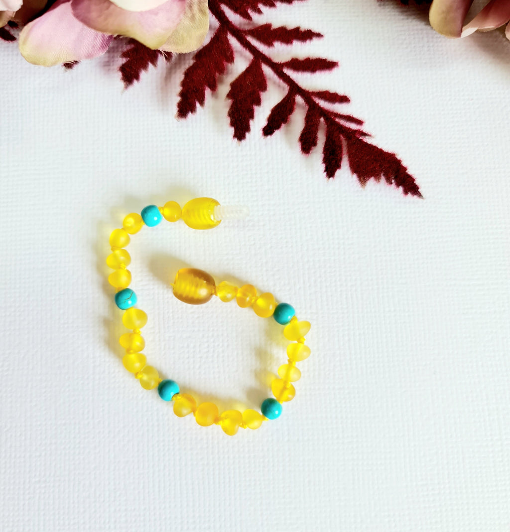 Small Round Raw Honey Natural Baltic Amber with Blue Turquoise Anklet or Bracelet
