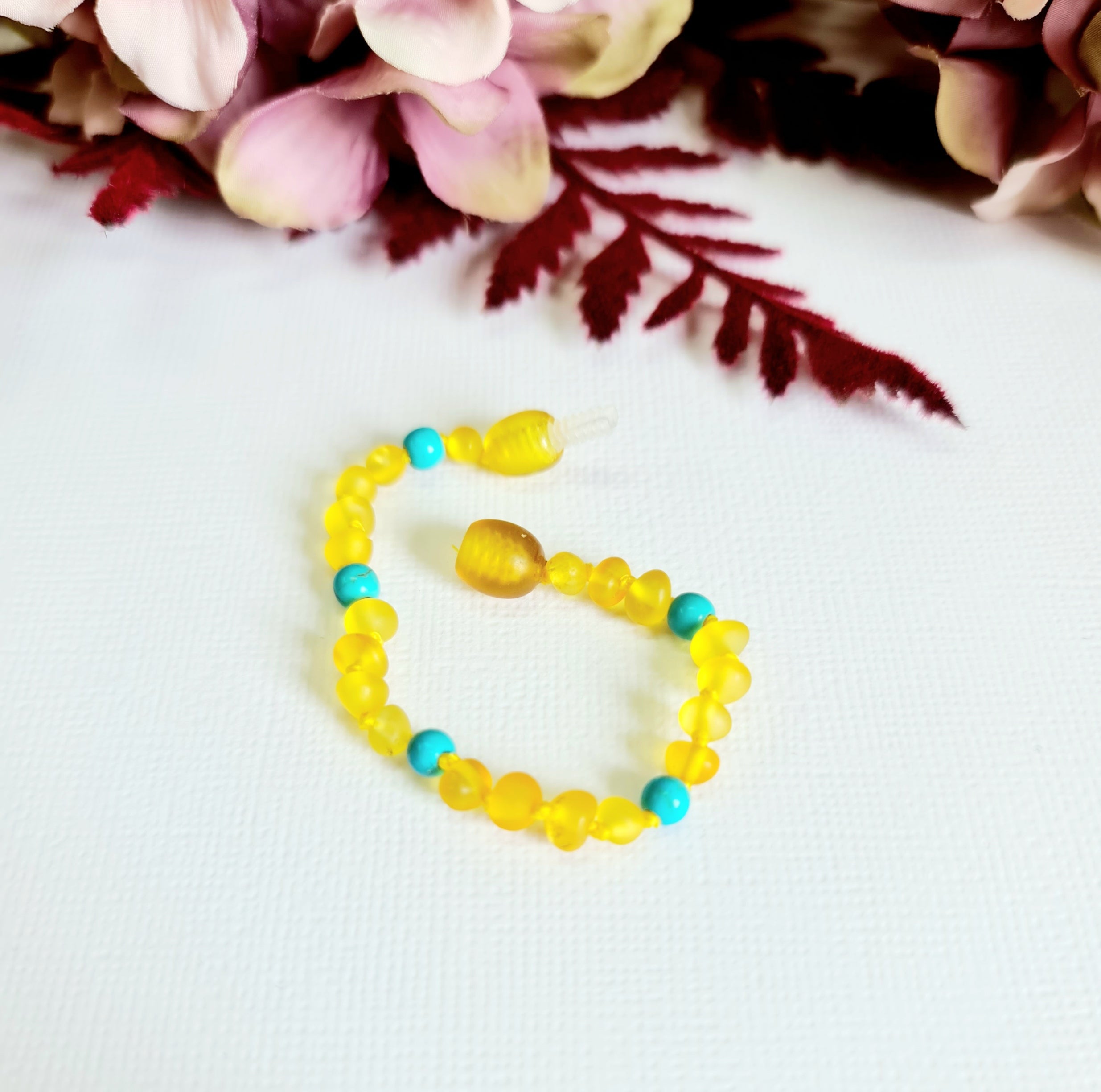 Small Round Raw Honey Natural Baltic Amber with Blue Turquoise Anklet or Bracelet