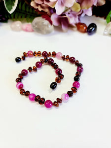 Large Round Dark Cognac Amber with Pink Striped Agate Necklace