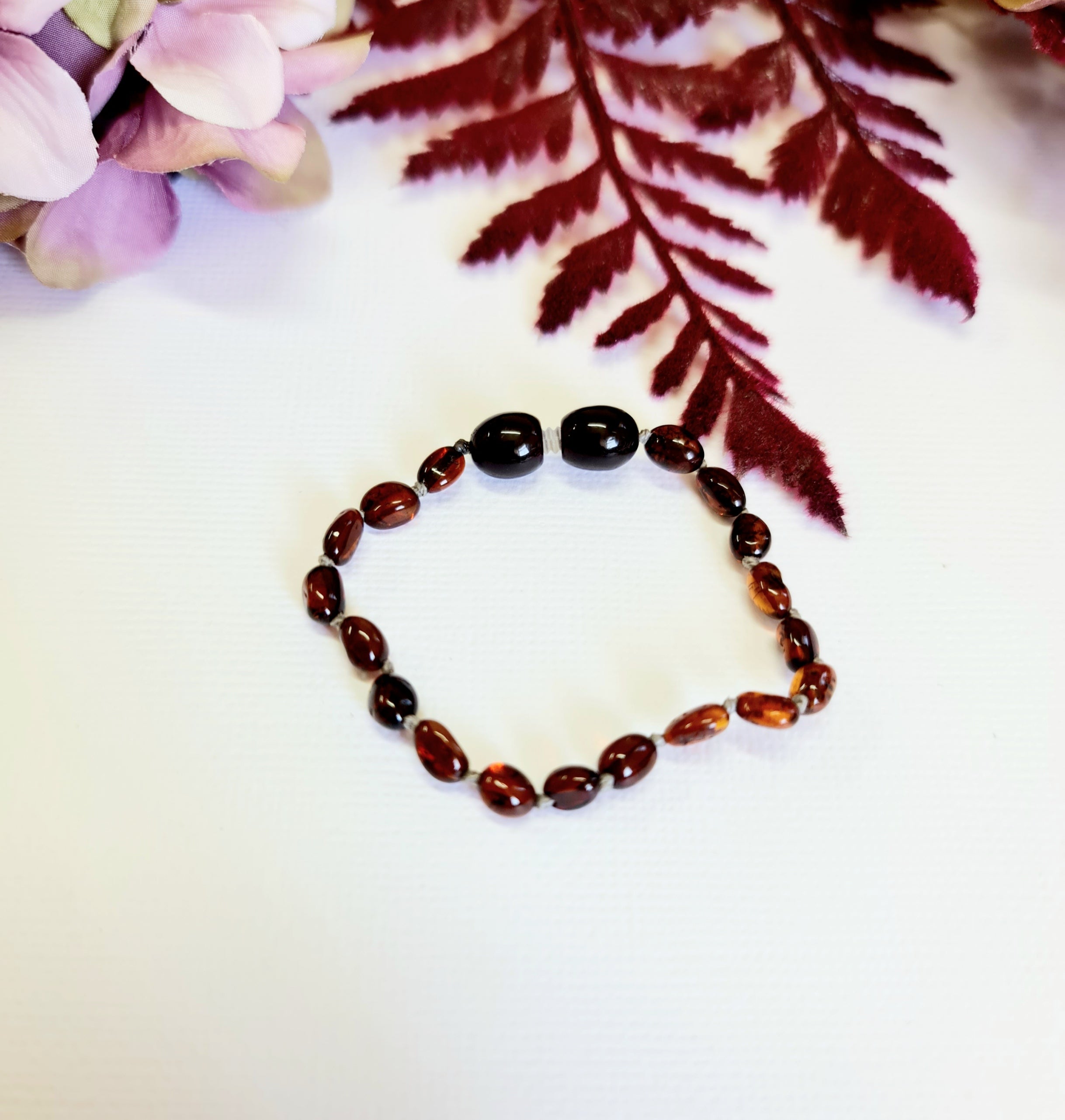 Small Bean Dark Cognac Amber Bead Bracelet or Anklet