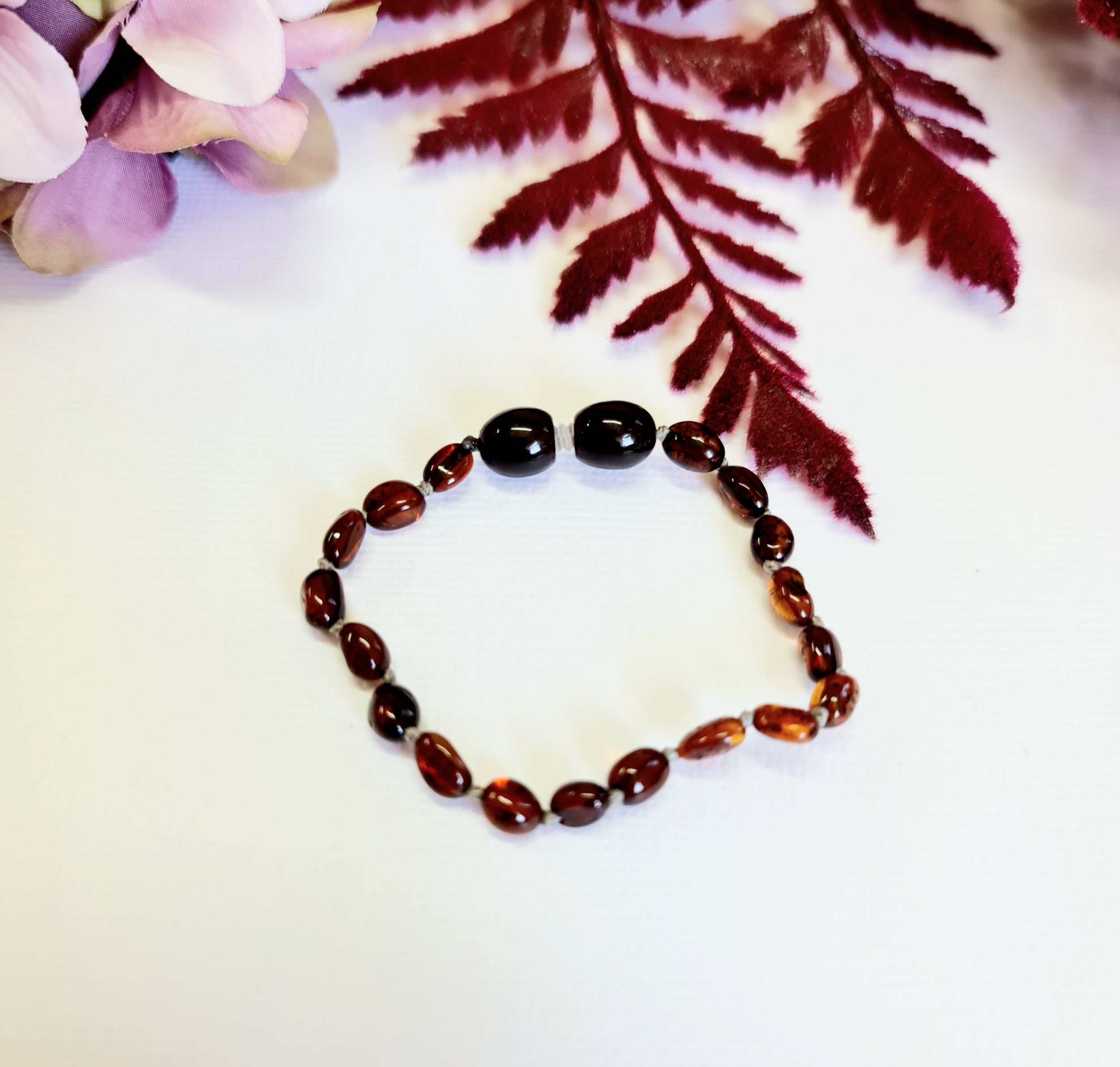 Small Bean Dark Cognac Amber Bead Bracelet or Anklet