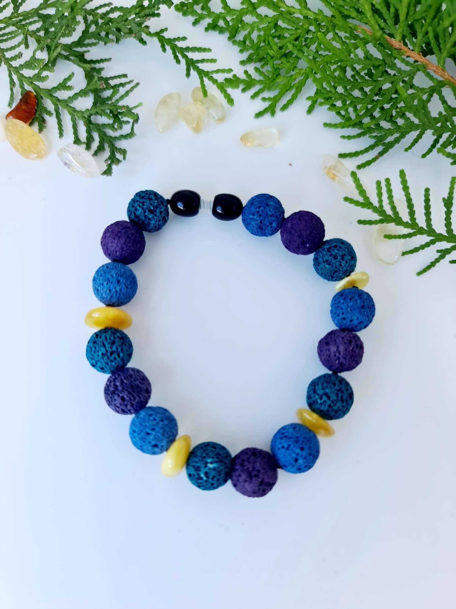 Blue and Purple Dye Lava Beads with Butterscotch Amber Bracelet/Anklet - 20 cm