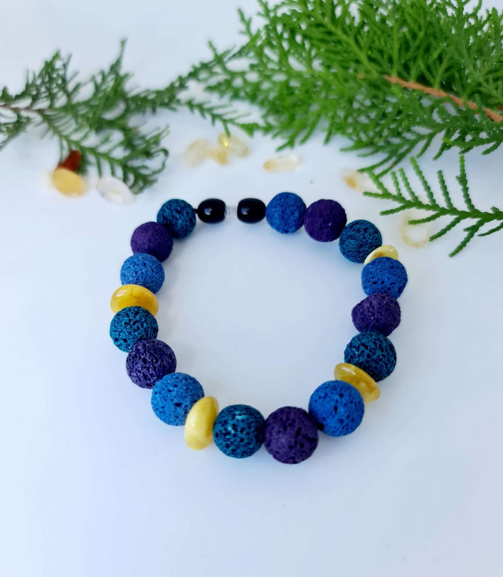 Blue and Purple Dye Lava Beads with Butterscotch Amber Bracelet/Anklet - 20 cm