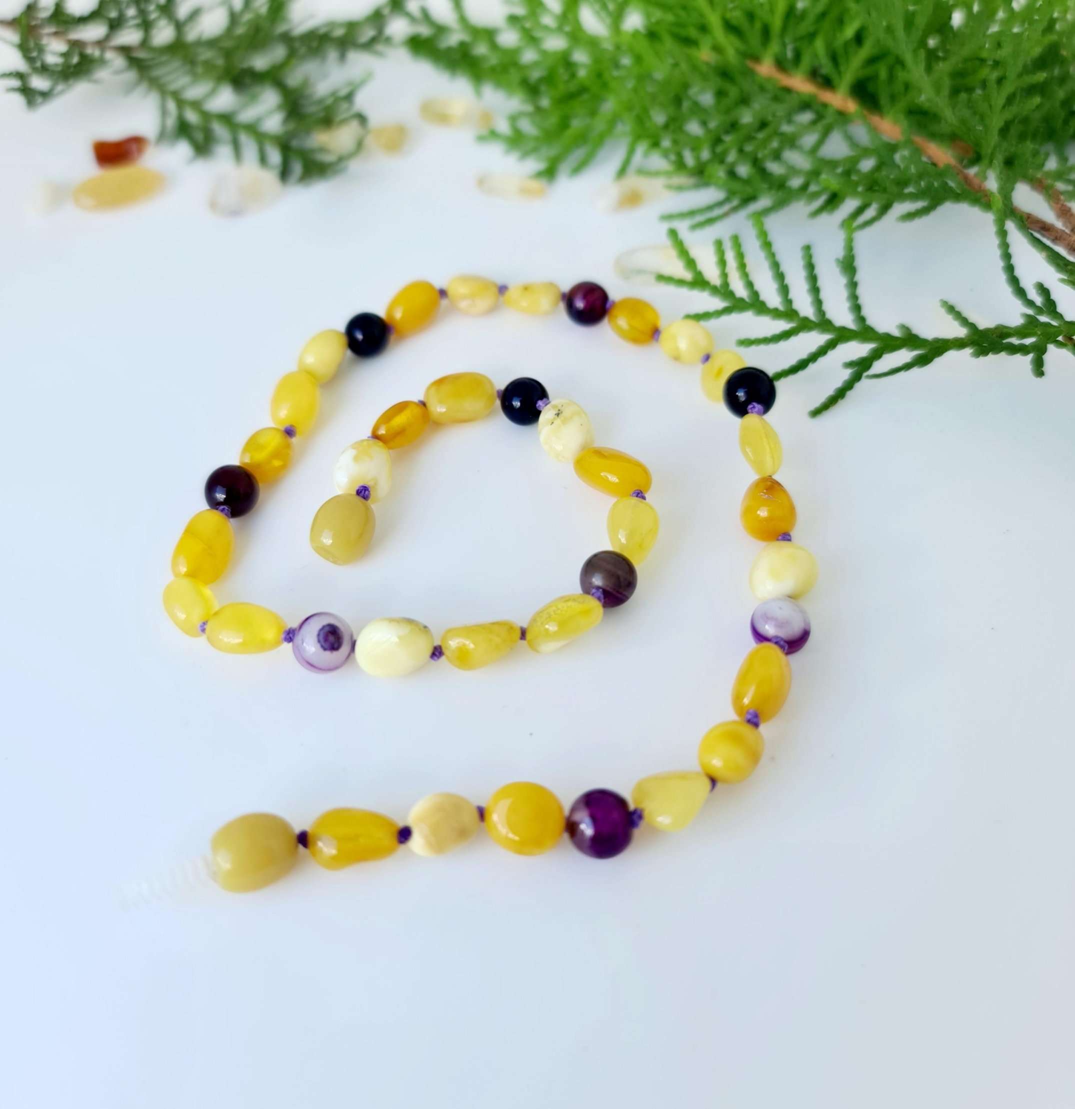 Butterscotch Amber with Purple Striped Agate Necklace