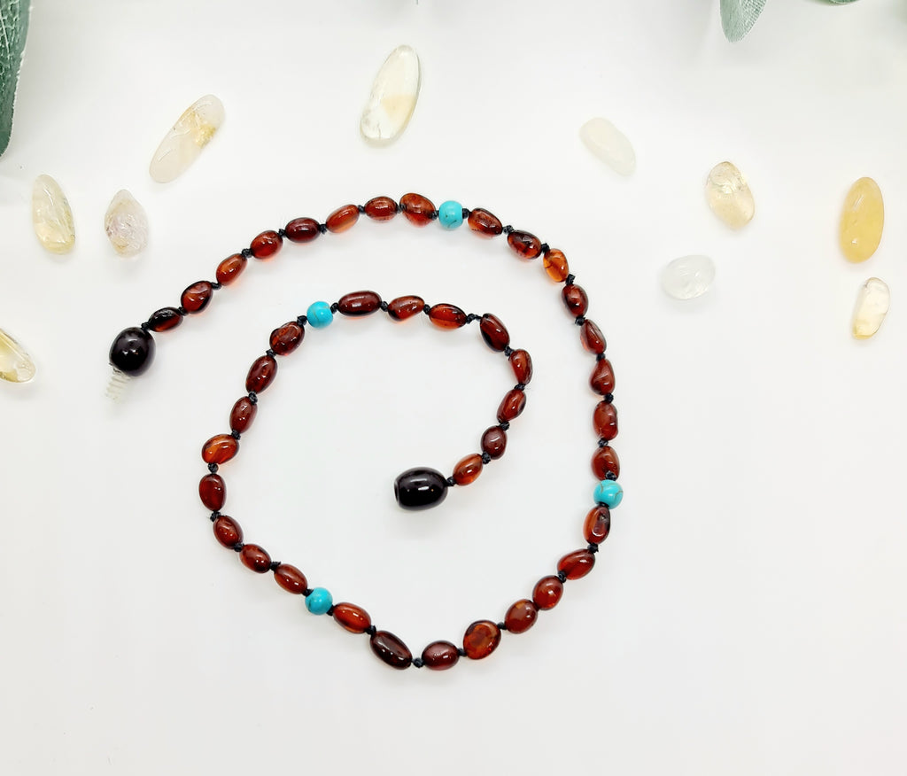 Dark Cognac Amber with Blue Turquoise Spacer Necklace