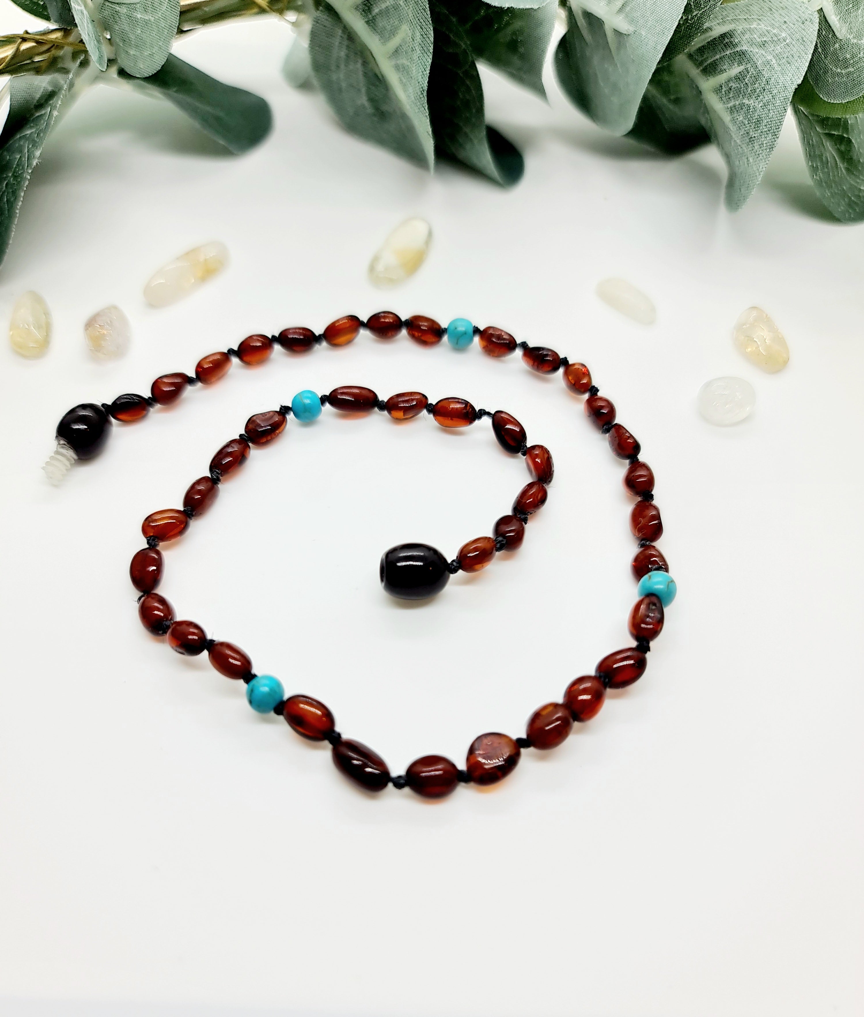 Dark Cognac Amber with Blue Turquoise Spacer Necklace