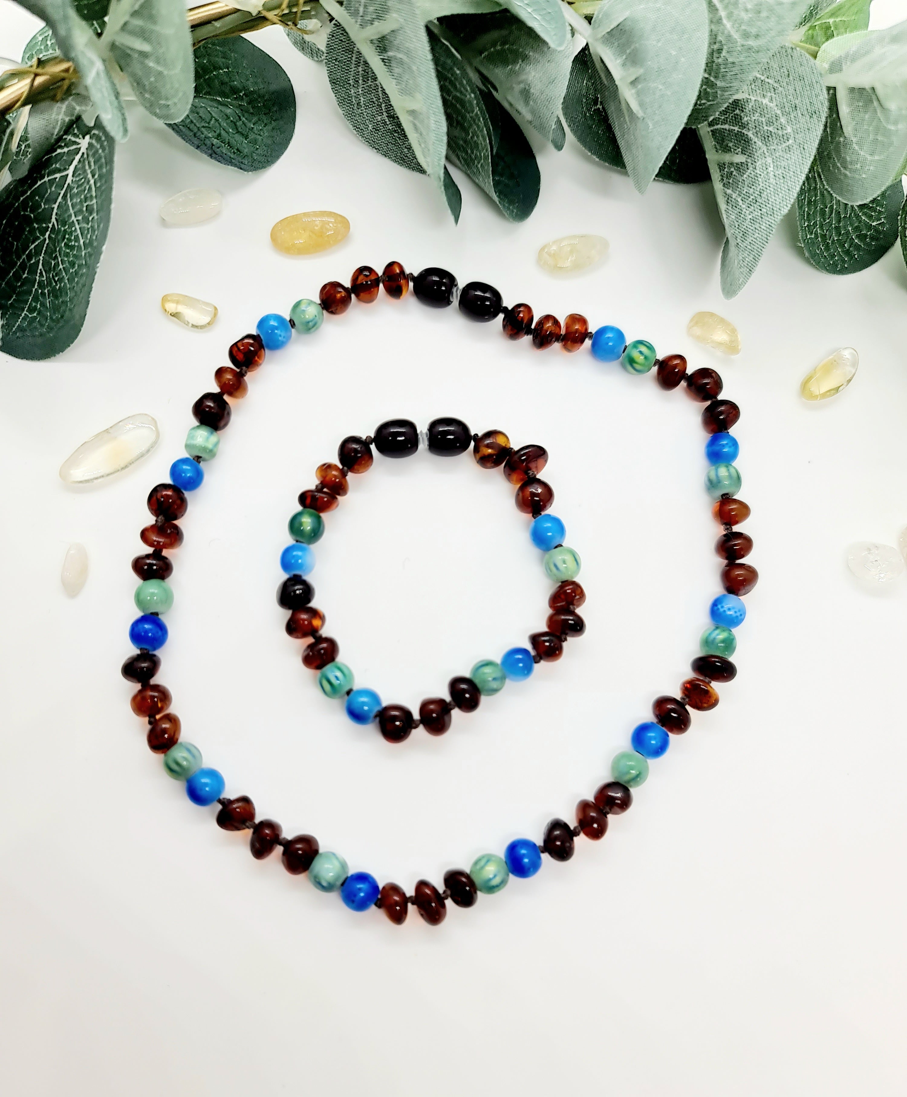 Dark Cognac Amber with Blue and Green Spacer