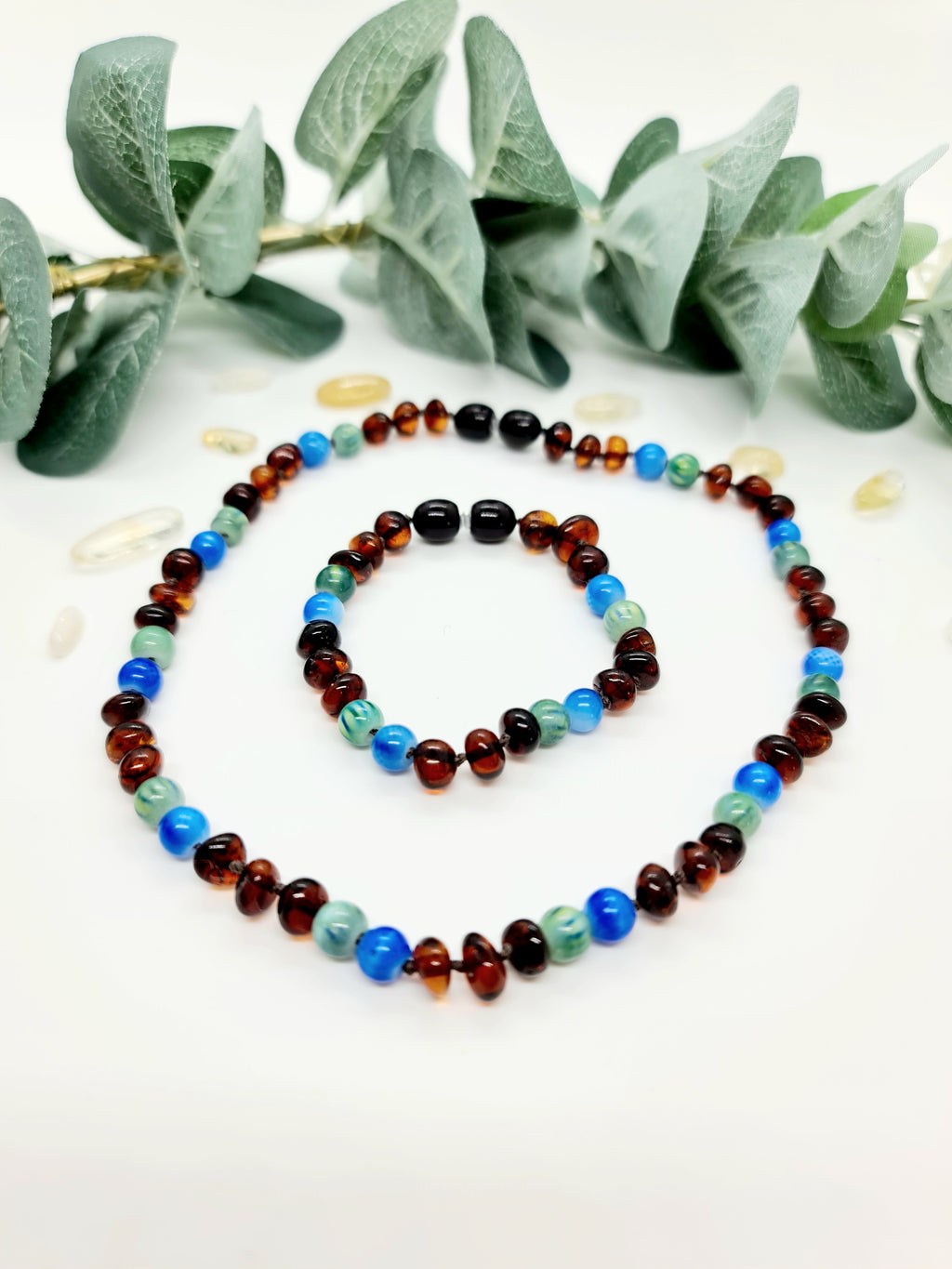 Dark Cognac Amber with Blue and Green Spacer