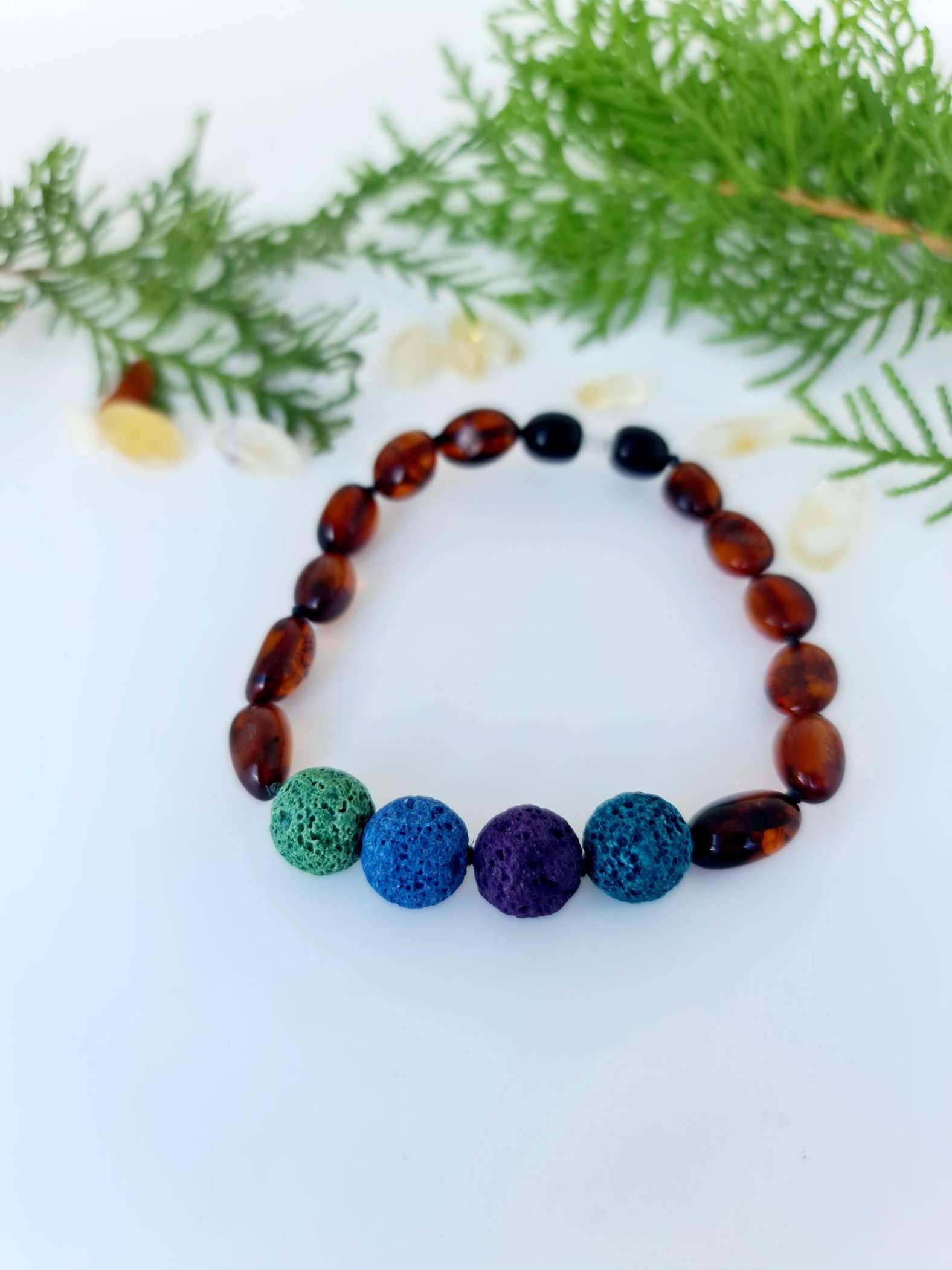 Dark Cognac Amber with Coloured Lava Beads