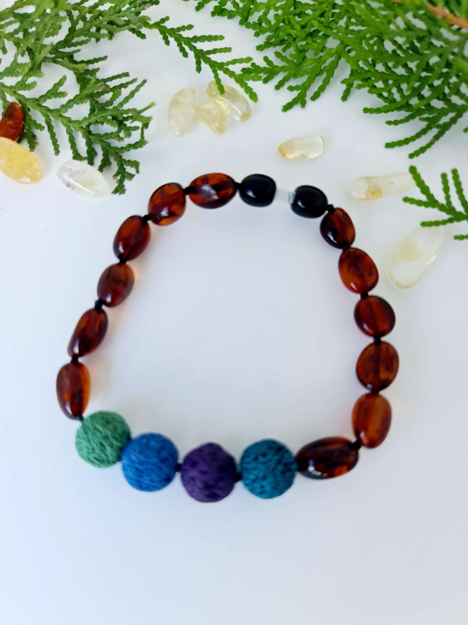 Dark Cognac Amber with Coloured Lava Beads