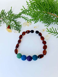 Dark Cognac Amber with Coloured Lava Beads