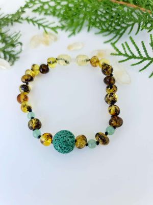 Green Round Amber with Gemstone and Lava Bead Bracelet/Anklet 18cm