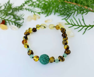 Green Round Amber with Gemstone and Lava Bead Bracelet/Anklet 18cm