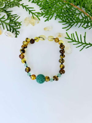 Green Round Amber with Gemstone and Lava Bead Bracelet/Anklet 18cm