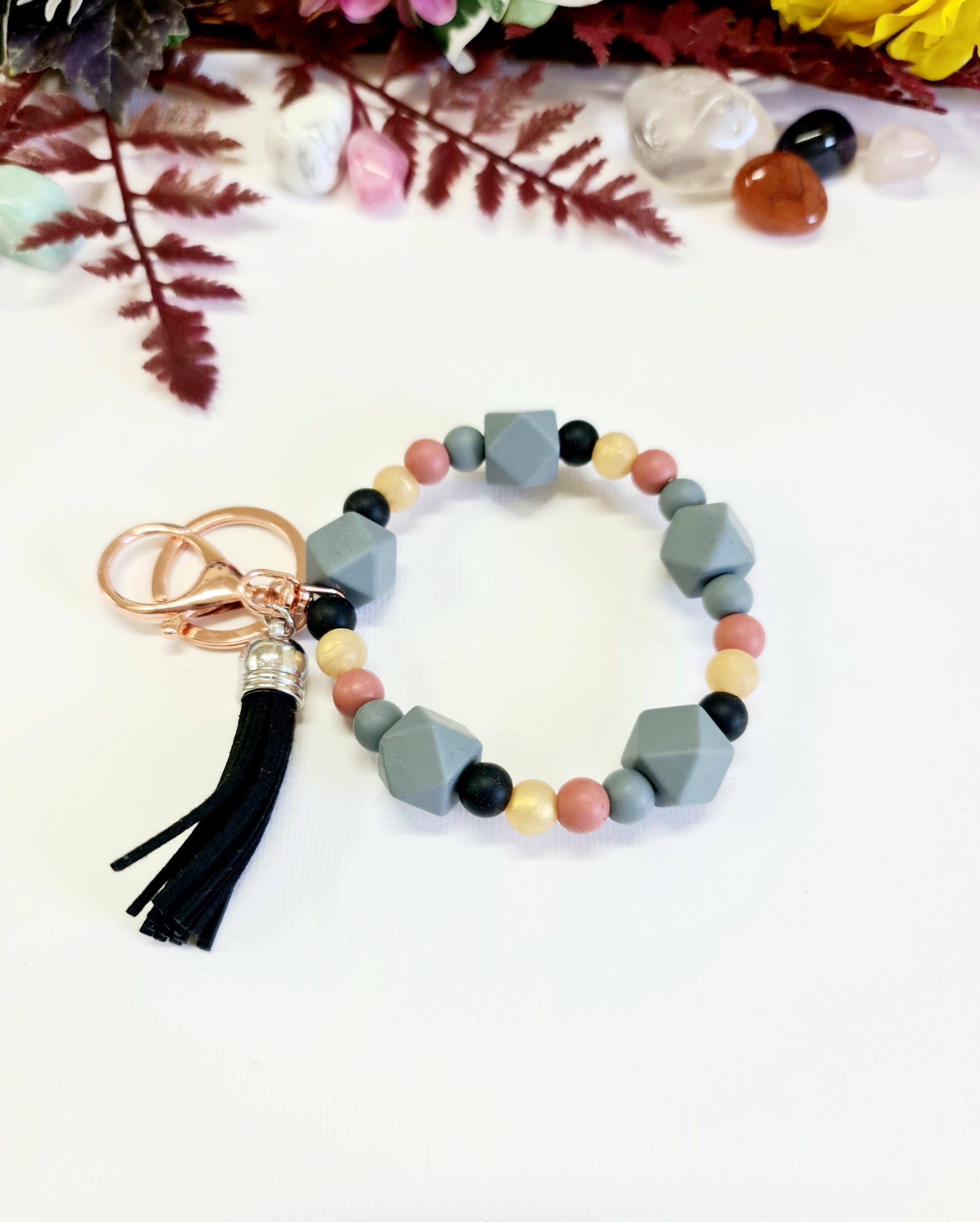 Grey, Black, Rust and Gold Silicone Bracelet Keychain