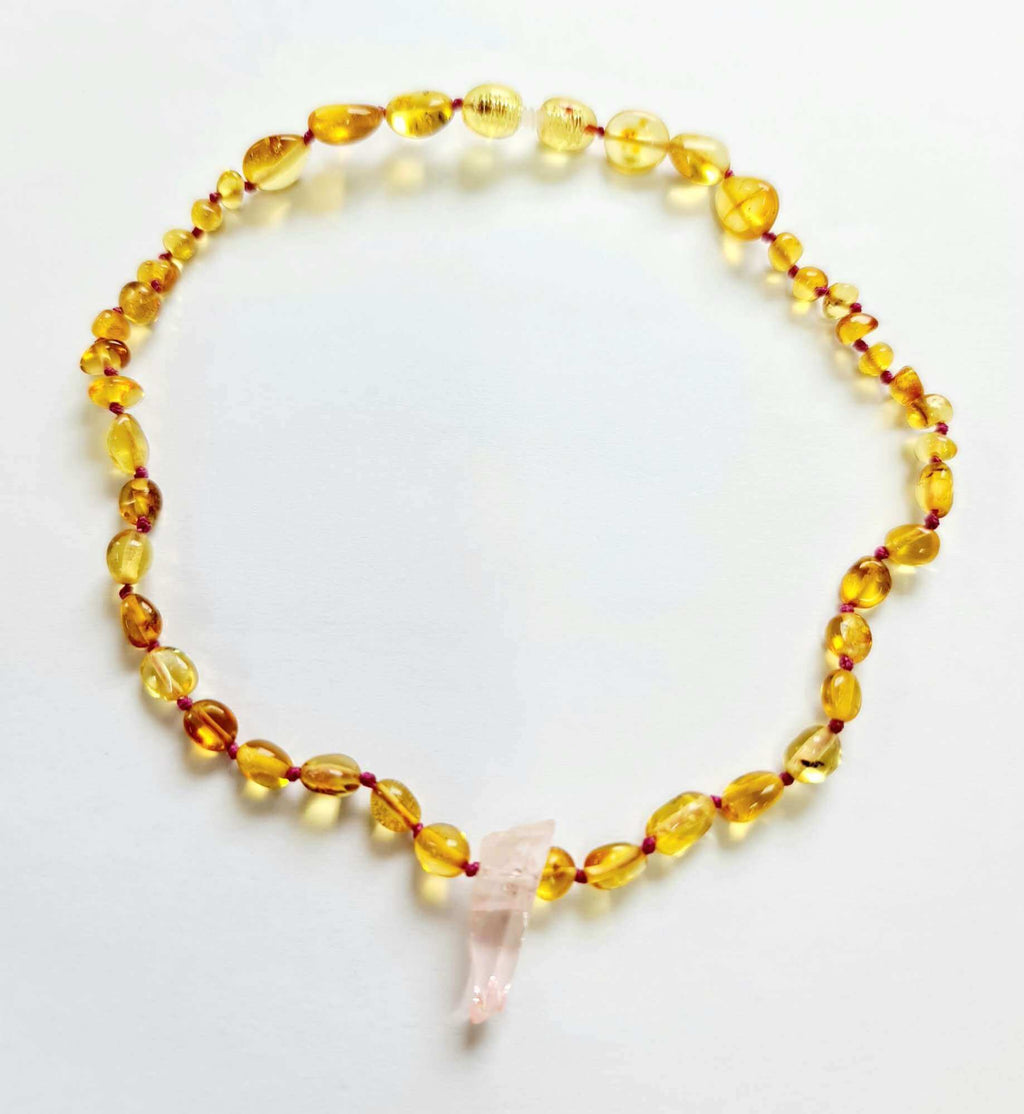 Honey Amber Beads with Pink Quartz Pendant