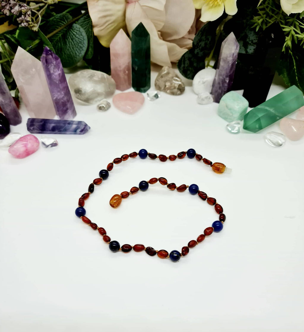 Small Bean Shaped Dark Cognac with Lapis Lazuli Necklace