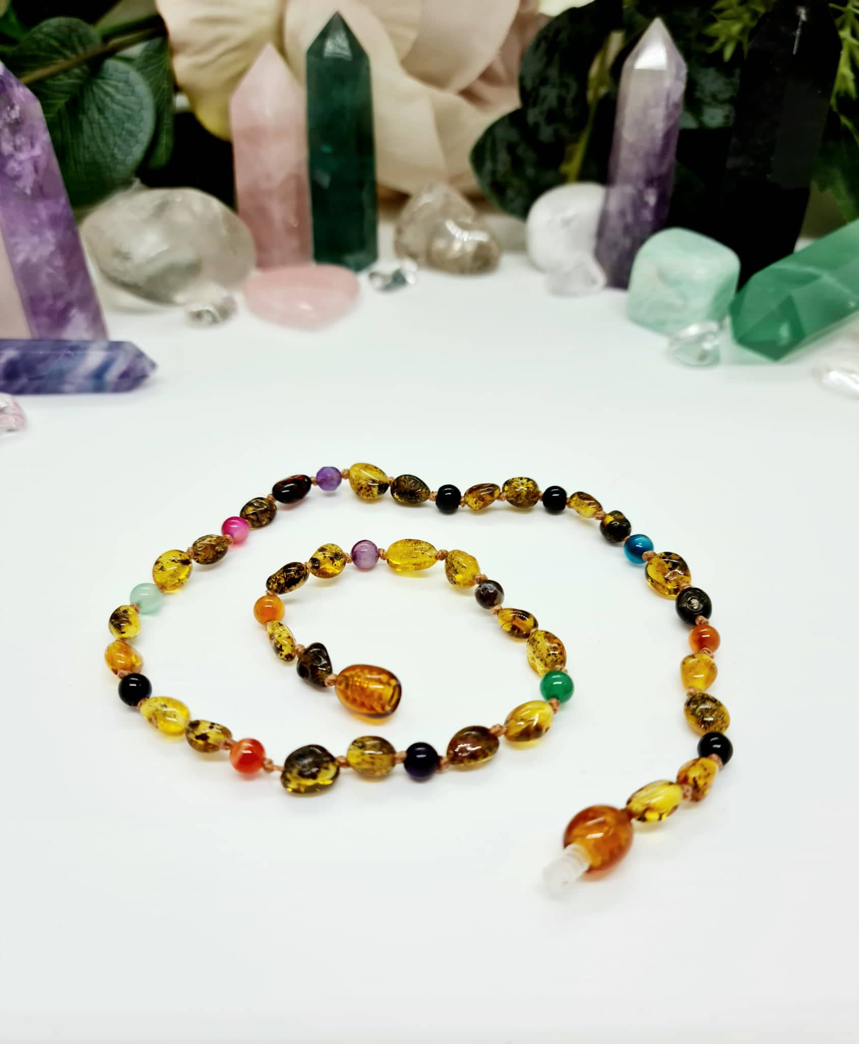 Small Bean Shaped Green Amber with Mixed Striped Agate Necklace