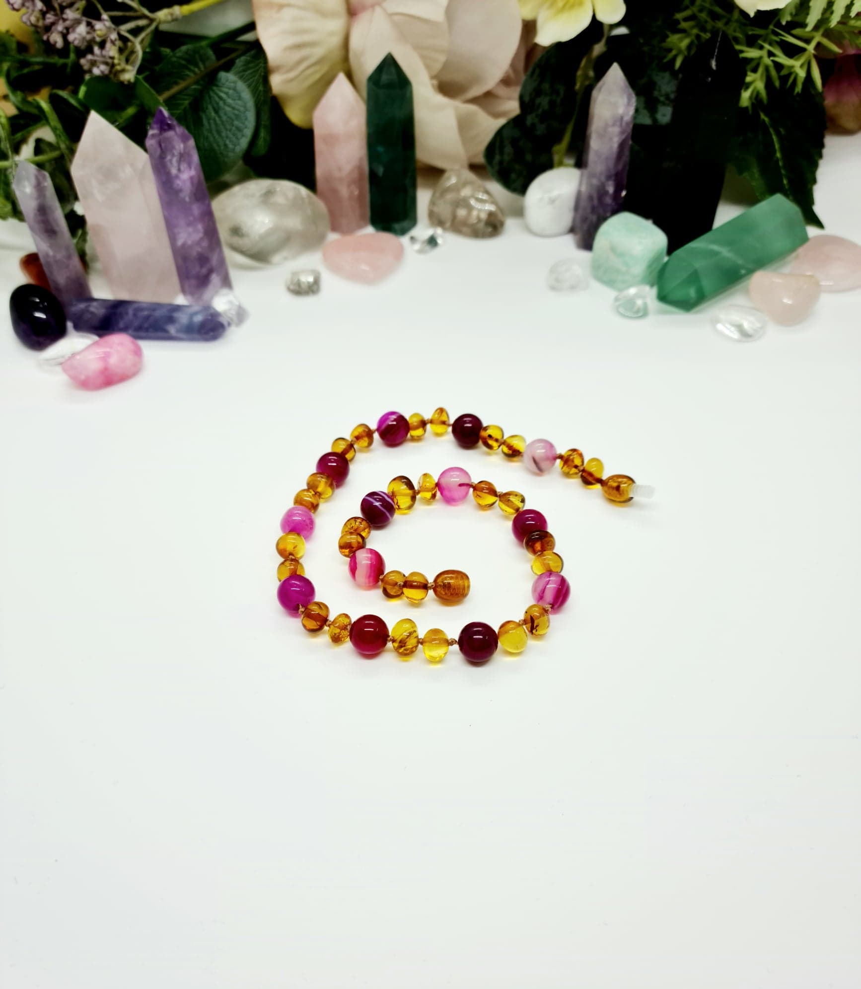 Large Round Shaped Light Cognac Amber with Pink Striped Agate Necklace